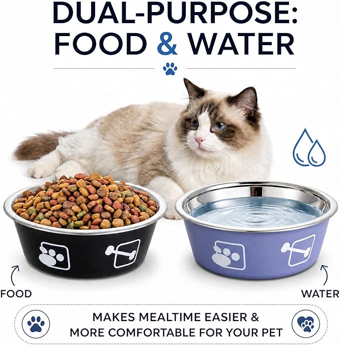 2-Pack Dog Bowls, Stainless Steel Pet Bowls, Thickened Rust-Proof Inner Bowl, Non-Slip Rubber Base, 2-in-1 Food & Water Bowl for Indoor Use (Black + Purple) (Black + Purple, S)