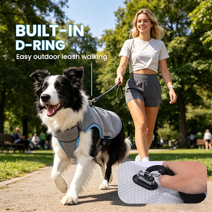 Mora Pets Dog Cooling Vest with Ice Packs, Reflective Adjustable Cooling Vest for Dogs with Leash Ring for Hot Weather Cooling Harness for Large Medium Dogs Light Blue XL