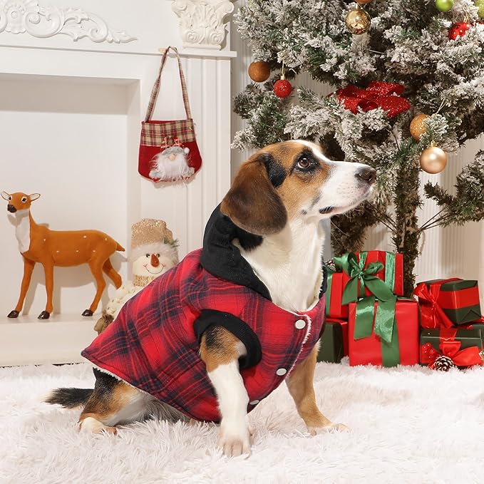 Vecomfy Fleece Lining Dog Hoodie for Small Dogs Extra Warm Plaid Sweater with Drawstring Hooded Coats in Winter Puppy Jacket,Red S