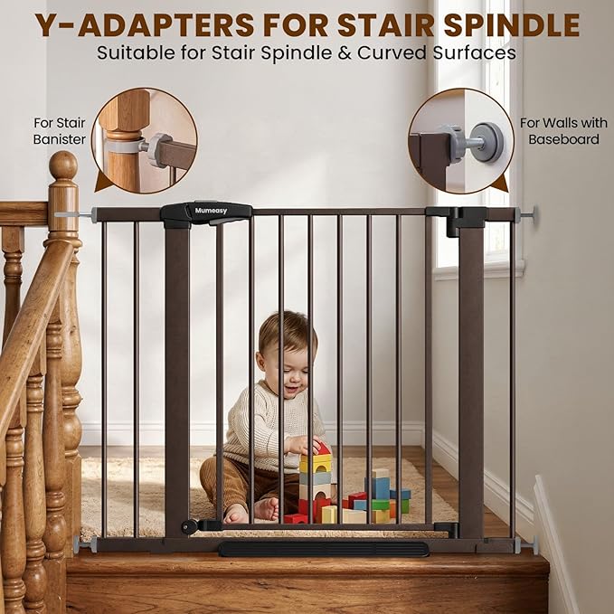Mumeasy 29.7-40.6" Baby Gate for Stairs, Auto Close Dog Gate for Doorways, Pressure Mounted No Drill Pet Gate with Easy Walk Thru Door, Double Lock, Brown