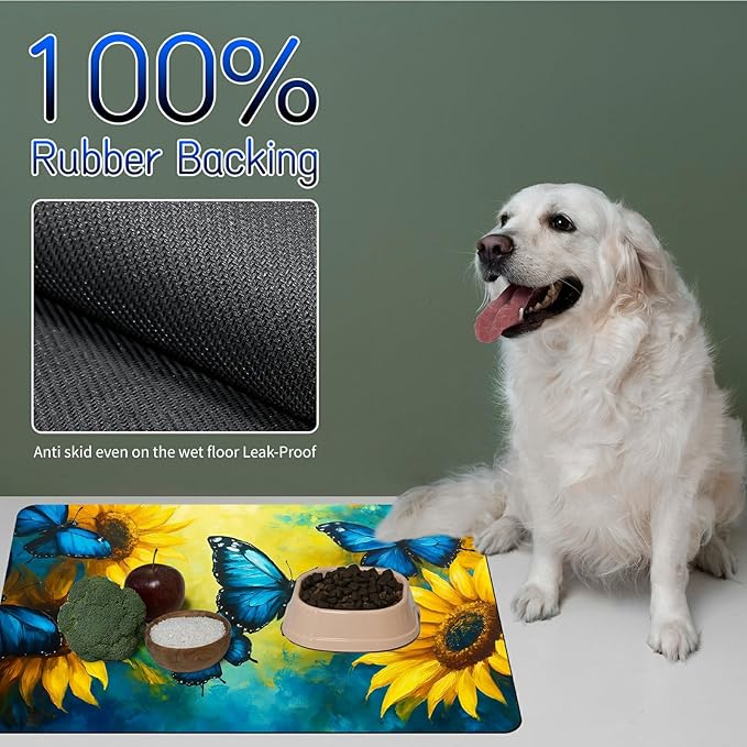 Dog Food Mat, 19.6" x 23.6" Absorbent Pet Feeding Mat for Food and Water, Waterproof Diatom Mud Pet Placemat with Non-Slip Rubber Backing, Cat Bowl Mat for Floors - Blue Butterfly Sunflower