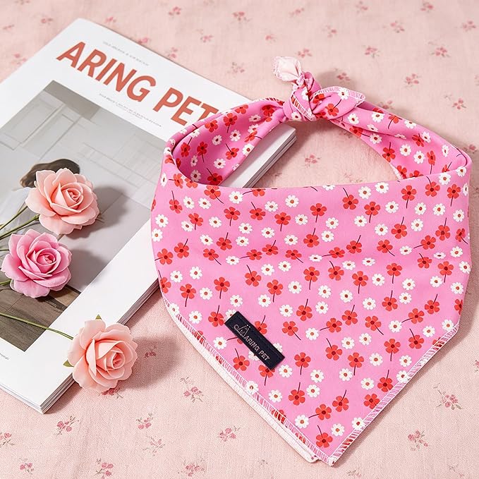 ARING PET Girl Dog Bandanas, Cute Summer Pink Daisy Floral Pet Bandana Scarf Triangle Bib for Small Medium Large Female Dogs Cats, Puppy Kerchief for Daily Wear Walks Party Photos-L