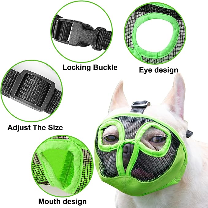 Short Snout Dog Muzzles- Adjustable Breathable Mesh Bulldog Muzzle for Biting Chewing Licking Grooming Dog Mask,Green XL