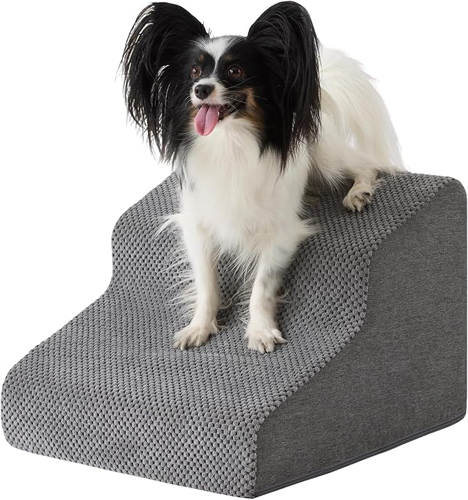 Dog Stairs for Small Dogs 11.5’’ H, 2-Step Dog Steps for Bed, Pet Stairs and Ramp for Dogs and Cats to Get on Beds, Couch, Non-Slip Balanced Pet Steps with Waterproof Cover, Grey