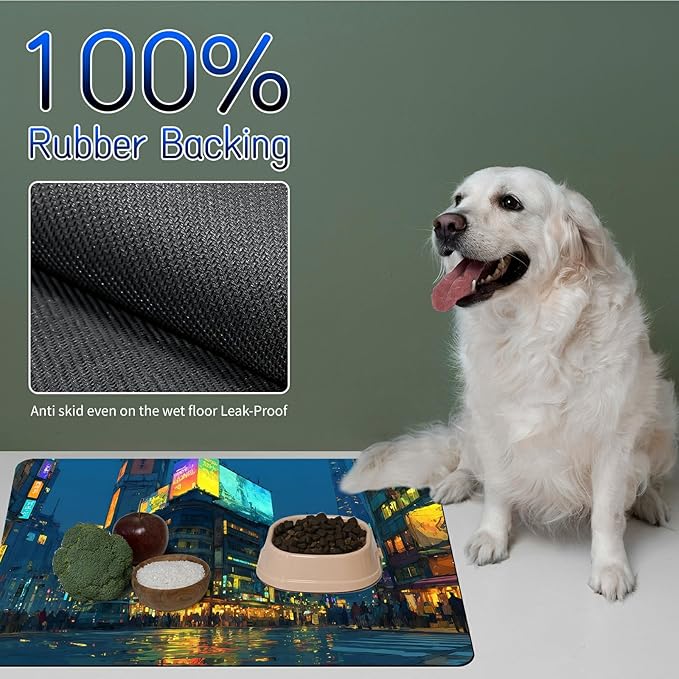 Dog Food Mat, 19.6" x 23.6" Absorbent Pet Feeding Mat for Food and Water, Waterproof Diatom Mud Pet Placemat with Non-Slip Rubber Backing, Cat Bowl Mat for Floors - Neon Architecture
