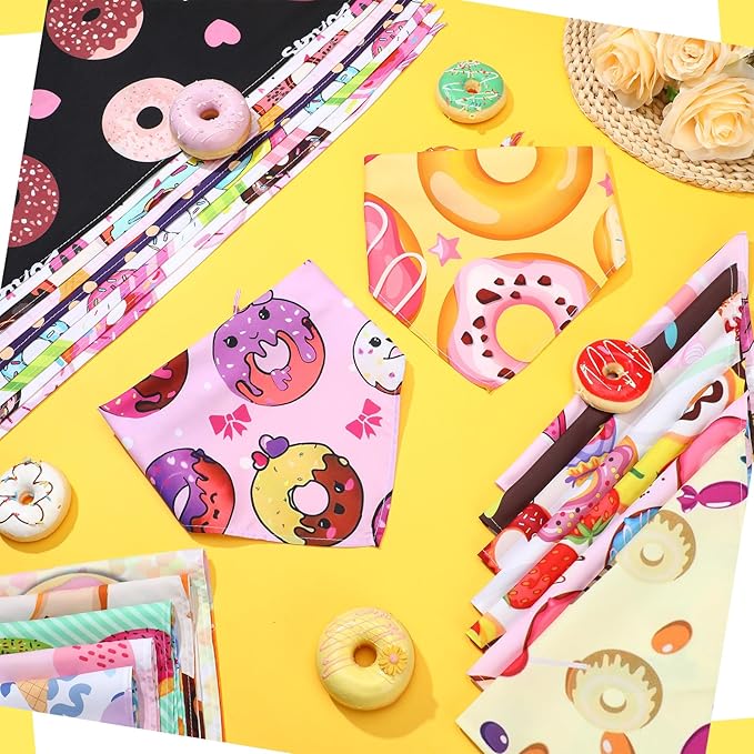 Huhumy 150 Pcs Donut Dog Bandanas Bulk Pet Bibs Colorful Triangle Scarf Donut Pet Bandanas for Medium Large Dogs Spring Summer Candy Theme Birthday Costume Decor