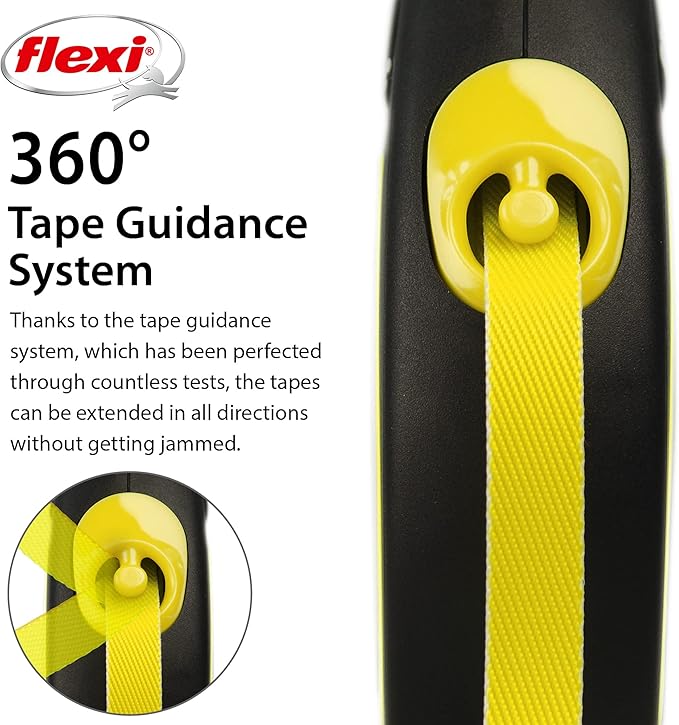FLEXI New Neon Tape Retractable Dog Leashes for Medium Dogs Upto 55 lbs. – 16 ft., Neon Yellow/Black | Tangle Free Pet Walking Leash with One-Handed Brake, Pause, Lock|German Quality Product