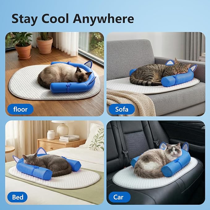 Cat Cooling Mat with Soft U-Shaped Pillow– Breathable Calming Cooling Pad for Cats– Portable Washable Summer Cooling Cat Bed for Indoor Or Travel Use,Blue Cat