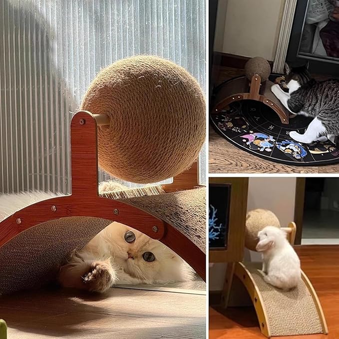Cat Scratching Ball on Stand, Interactive Cat Scratcher with 360° Rotating Sisal Ball, Cat Scratching Post with Arch Bridge Balls, Cat Scratcher Board for Indoor,Protects Furniture & Rugs (1pcs)