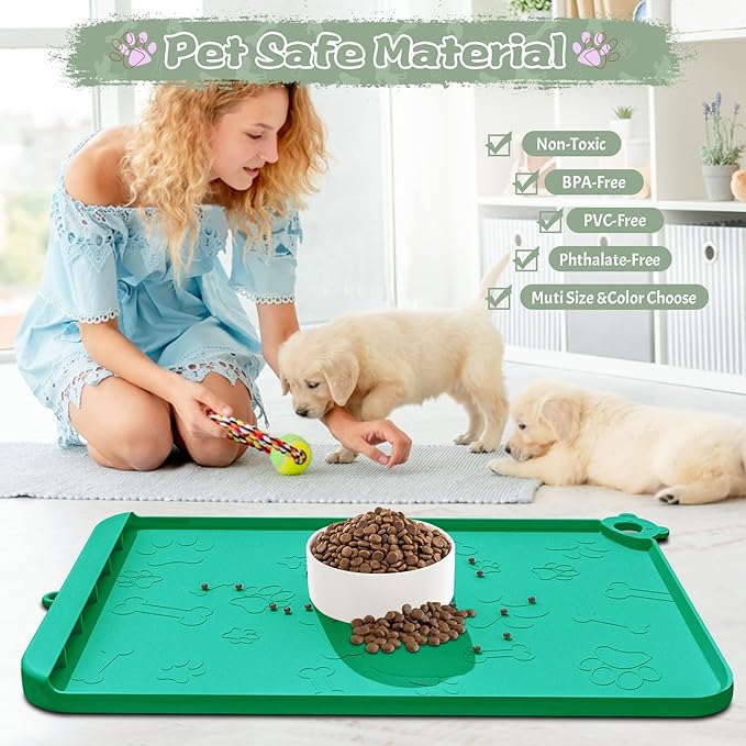Silicone Dog Food and Water Mat - Pet Feeding Mats with Waterproof Design, Raised Edges and Hooks, Placemats for Cats and Dogs