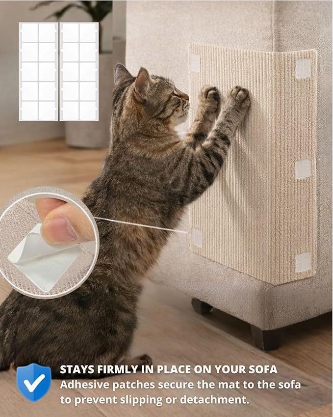 Corner & Wall Cat Scratch Mat, Self-Adhesive Trimmable Cat Scratcher, Wall Mounted Scratching Pad for Indoor Cats, Sofa Furniture Protector, Cat Post Cover Replacement (Beige, 23.6''x11.8'', 3-Pack)