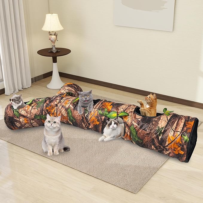 Cat Tunnel,Under Christmas Tree 59" Large Y-Shape Cat Cave with 3 Rustle Channels & Leaves, Portable Cat Bed Toy for Indoor Kittens & Small Pets to Chase and Play, Easy Storage (Brown)