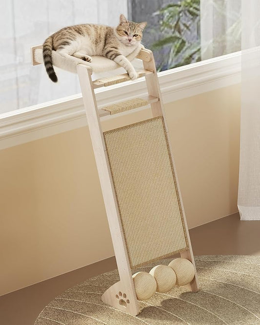 51'' Cat Window Perch with Sisal Pad, Extra-Wide Cat Scratcher with Suction Cups for Glass, Sisal Ball Hammock Ladder for Sleeping, Playing and Watching Bird