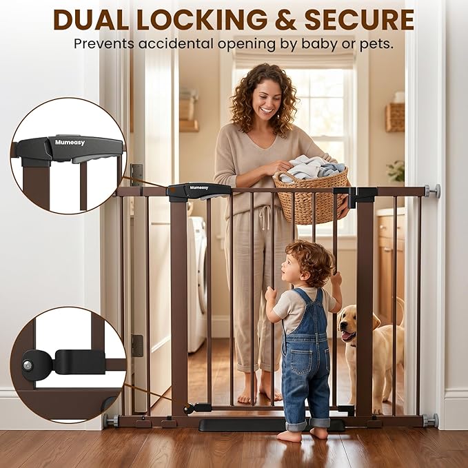 Baby Gate with Door, 26-40" Auto Close Dog Gate Indoor for Stairs Doorways, Easy Install Pressure Mounted Pet Gate, Easy Walk Through Child Safety Gate for the House, Brown