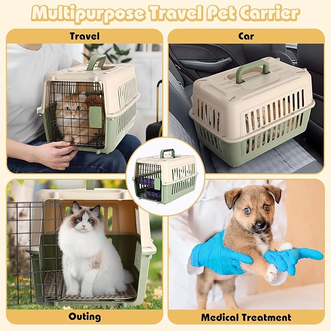 2 Set Hard Plastic Pet Carrier Breathable Dog Cat Kennel with Metal Door Bowl Grille Mat Pet up to 14 Lbs Carrier for Walking Camping Vet Visits Travel, 17.3"L x 11.8"W x 10.6"H(Green White)