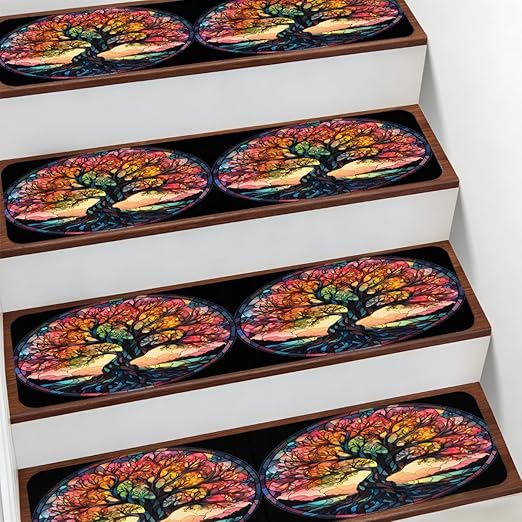 Abstract Tree Colorful Stair Treads for Wooden Steps Indoor Washable Staircase Carpet 1PCS 30"x7.8" Stair Step Treads Non-Slip Staircase Covers Peel and Stick Safety Mat for Kids Elders Pets