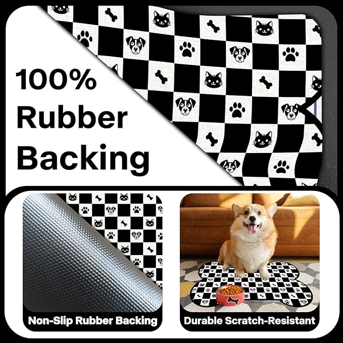 Pet Dog Cat Food Mat, Absorbent Bone Shaped Dog Bowl Mats for Food and Water, Non Slip Cute Footprint Dogs Cat Placemats Feeding Mat for Floors Puppy Pet Accessories Supplies 16"x24" Black White