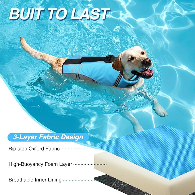 VIVAGLORY Sports Style Dog Life Vest, Dog Life Jacket for Swimming & Boating, Ripstop & Buoyancy for Puppy Doggy, Lifejacket with Handle, S, Blue
