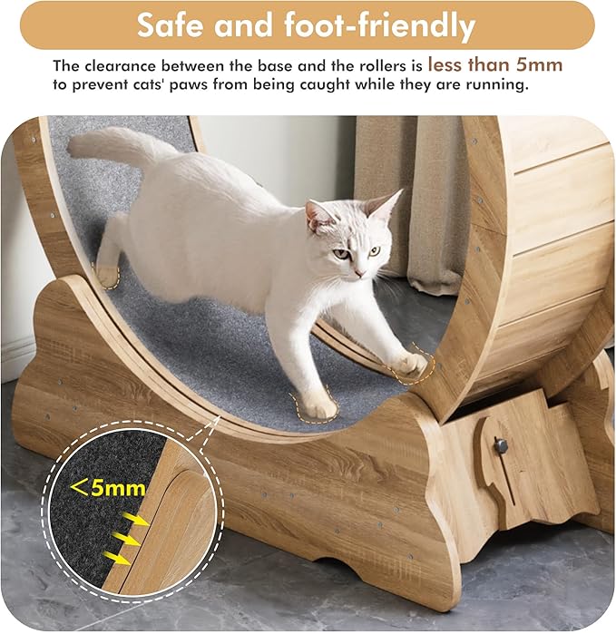 Cat Exercise Wheel, Cat Running Wheel with Smooth and Quiet Roller, Detachable Carpet and Toy Teaser for Fun Fitness Training Treadmill,Natural Wood
