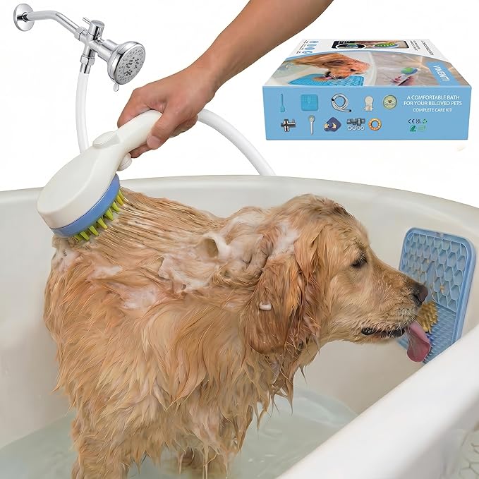 Dog Shower Sprayer Kit with Natural Odor-Eliminating Crystals, Pet Bathing Tool with Massage Brush, Easy ON/OFF Switch, 8.2ft Flexible Silicone Hose, Brass Diverter, Lick Mat & Clog-Free Drain