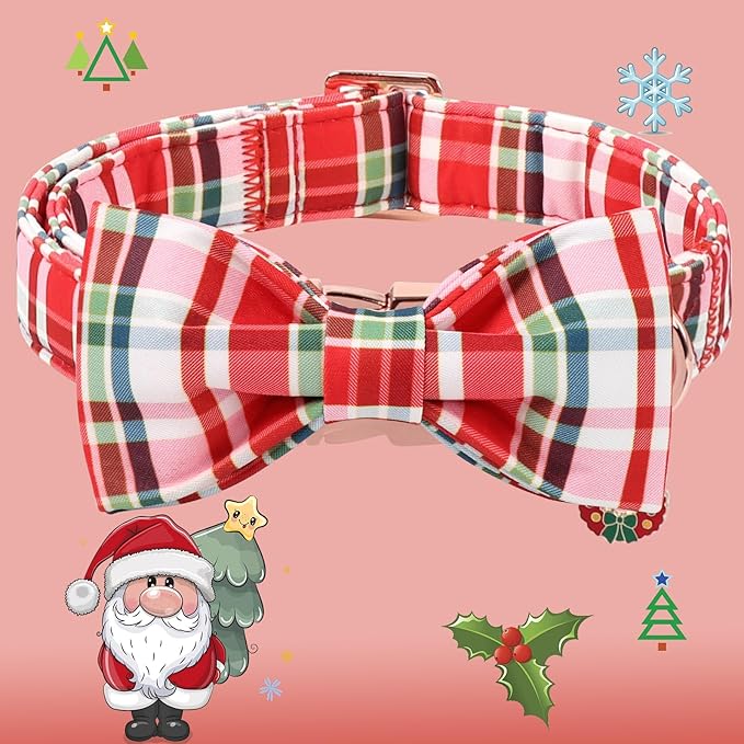 DOGWONG Christmas Dog Collar with Bow Tie - Christmas Red Plaid Puppy Collar, Adjustable Red Checkered Dog Collars for Girl Boy Dogs, L