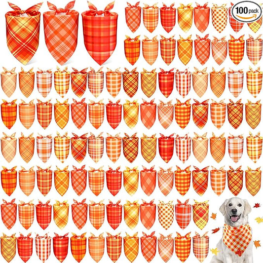 Abbylike 100 Pcs Orange Plaid Dog Bandanas Bulk Warm Color Palette Bandanas for Dogs Triangle Kerchief Bib Scarf for Pet Party Costume Photo Props Accessories Pet Shops Groomers Services, 25 Styles