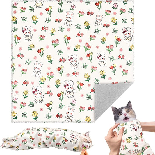 27.6" Cat Grooming Wrap for Cutting Nails, Rabbit Pattern Self-Adherent Fabric Wrap for Cats, Anti-Scratch Anti-Escape Multifunctional Cat Swaddle Tool for Teeth Brushing, Ear Cleaning