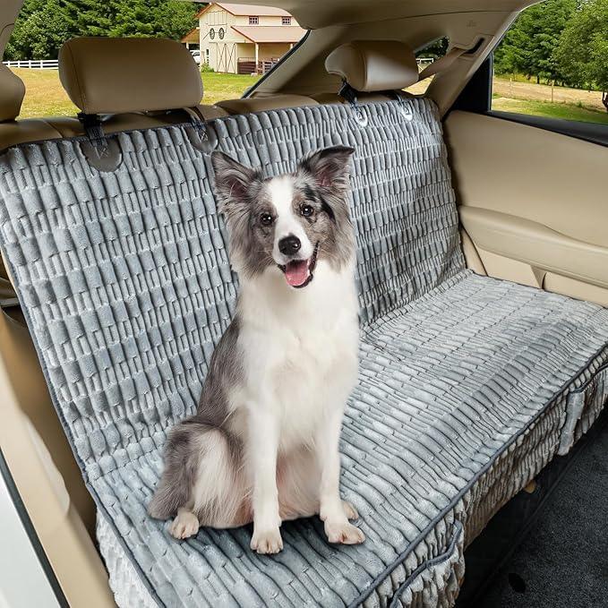 Soft Dog Back Seat Cover, Waterproof Dog Car Seat Protector with Non-Slip Bottom, Fluffy Flannel Full Protection Pet Covers on Rear Benches in Cars SUVs Small Trucks (Grey, Standard Back)