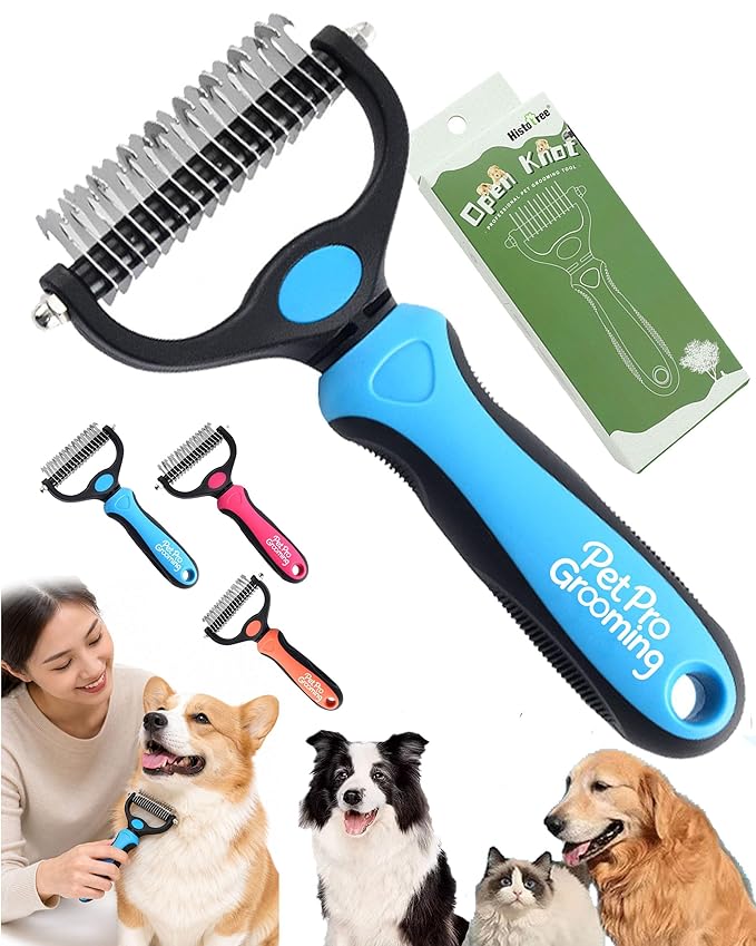 Pet Deshedding Brush for Dogs Cats, 2-in-1 Pet Grooming Tool with Rounded Stainless Steel Teeth & Non-slip Handle, Dual-Head Dematting for Thick Double Coats – Gentle Coat Care (Blue)