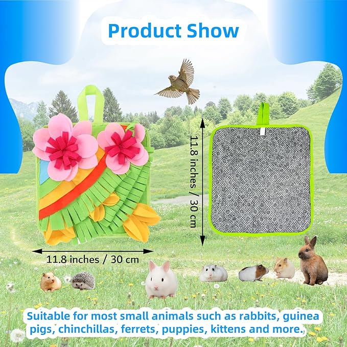 Rabbit Foraging Mat, Rabbit Snuffle Mat Guinea Pigs Hay Feeder Small Pet Puzzle Toy Interactive Feeding Game for Bunny Chinchillas Hamsters Ferrets Small Animals Treat Dispenser Anti Slip Feeding Mat