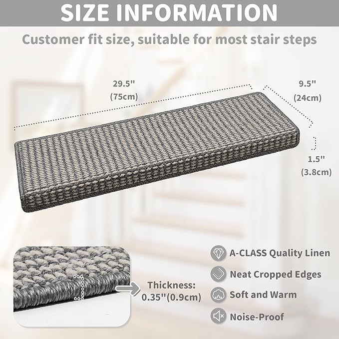 Brakki Bullnose Carpet Stair Treads, Stair Treads for Wooden Steps Indoor Runner and Pets, Non Slip Soft Edging Staircase Protectors, Washable, 29.5"x9.5"x1.5" 2pcs, Grey and Cream