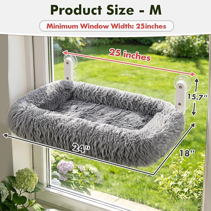 Zoratoo Cloud-Snuggle Cat Window Perch with 4-Sided Ultra-Thick & Fluffy Plush Cushion Bed, Foldable Cordless Cat Window Hammock for Window with Sturdy Metal Frame for Large Cats and Kittens (M, Gray)