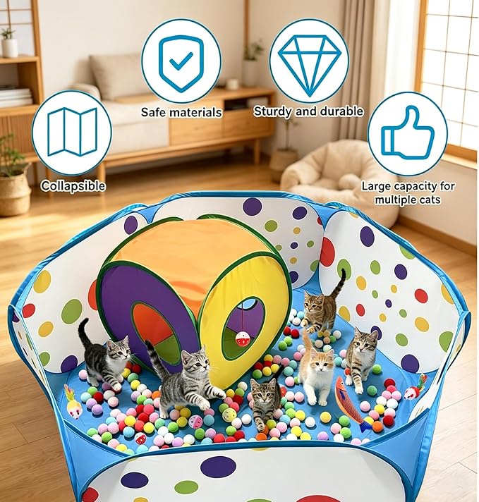 Ball Pit and Tunnel Tent for Cats, with 200 Pom‑pom Balls, 1 Ball Launcher, 8 Bell Balls, 4 Colorful Mice and 1 Saury Fish, Foldable Indoor & Outdoor Cat Activity Center for Interactive Play