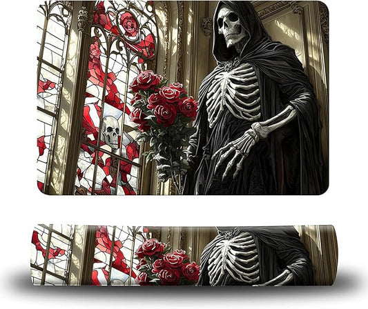 Dog Food Mat, 19.6" x 23.6" Absorbent Pet Feeding Mat for Food and Water, Waterproof Diatom Mud Pet Placemat with Non-Slip Rubber Backing, Easy Clean Cat Bowl Mat for Floors - Rose Black Skull