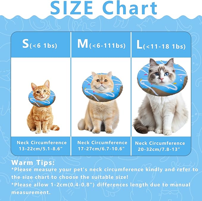 Seyezo Cat Cone Collar Soft, Adjustable Cat Recovery Collar Kitten Cones to Stop Licking, Cute Donut E Collar After Surgery, Cats Neck Pillow Elizabethan Cones of Shame (Waterproof Blue, Large)