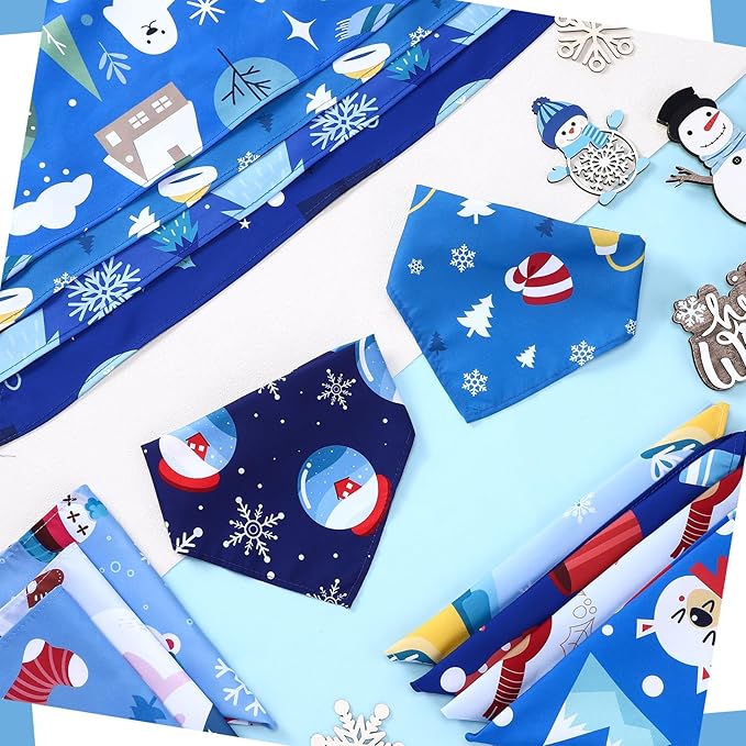 Huhumy 100 Pcs Winter Dog Bandanas Bulk Pet Bibs Blue Triangle Scarf Snowflake Pet Bandanas for Medium Large Dogs Winter Snowflake Christmas Party Holiday Festival Costume Decor