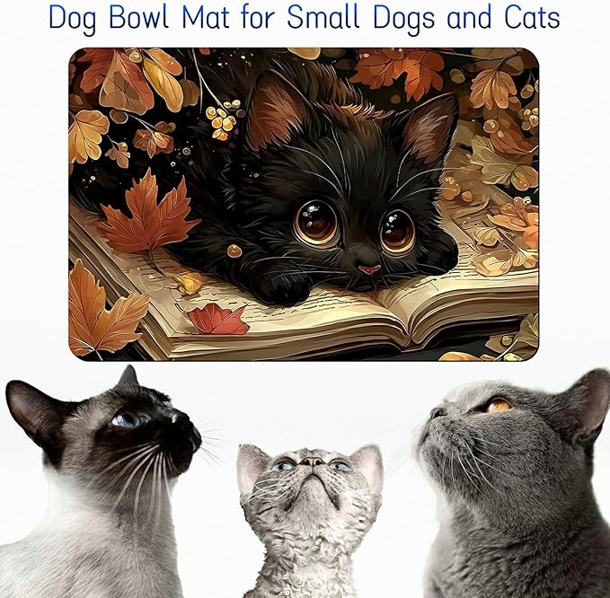 Dog Food Mat, 15.7" x 23.6" Absorbent Pet Feeding Mat for Food and Water, Waterproof Diatom Mud Pet Placemat with Non-Slip Rubber Backing, Cat Bowl Mat for Floors - Black Cat Maple Leaf