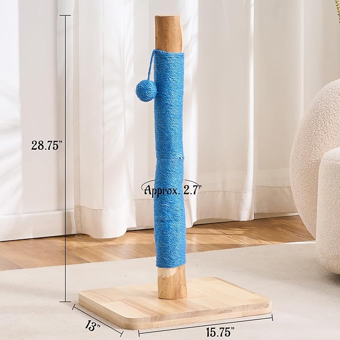 29" Tall Solid Wood Cat Scratching Post for Indoor Cats, Extra Stable Heavy Base, Natural Sisal Scratcher with Hanging Ball, Furniture Protector for Kittens & Adult Cats, Blue