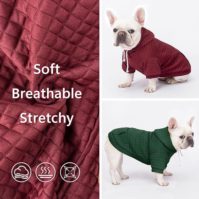 2 Pack Dog Hoodie Sweaters for Small Medium Dogs Warm Dog Clothes for Large Dogs Soft Waffle-Like Laminated Sweatshirt Bulldog (Dark Green+Wine Red, XS (Back: 10",Chest: 13", Neck: 9"))