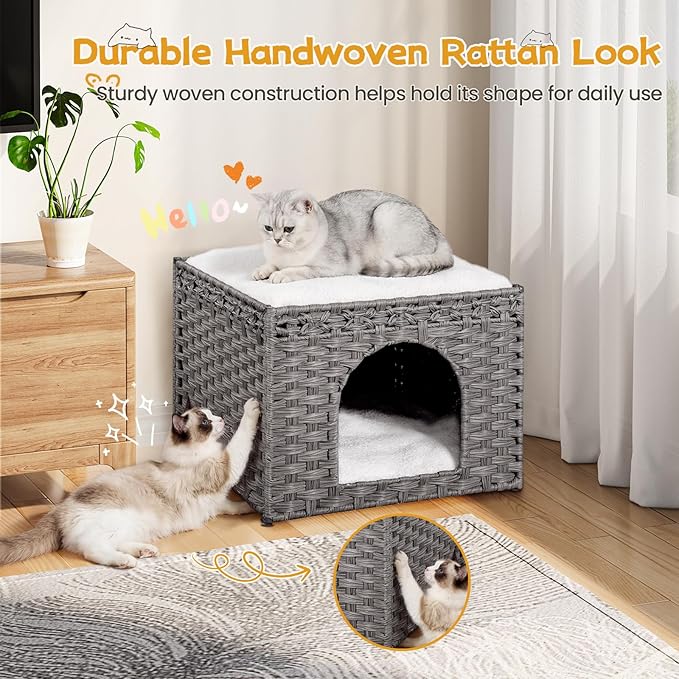 Snughome Handwoven Rattan Cat House - Indoor Foldable Cat Bed Cave with 2 Removable Bed Mats, Large Kitten House, Hideaway Pet Cube, 16.54 x 16.54 x 12.6 Inches, Grey, for Living Room & Bedroom