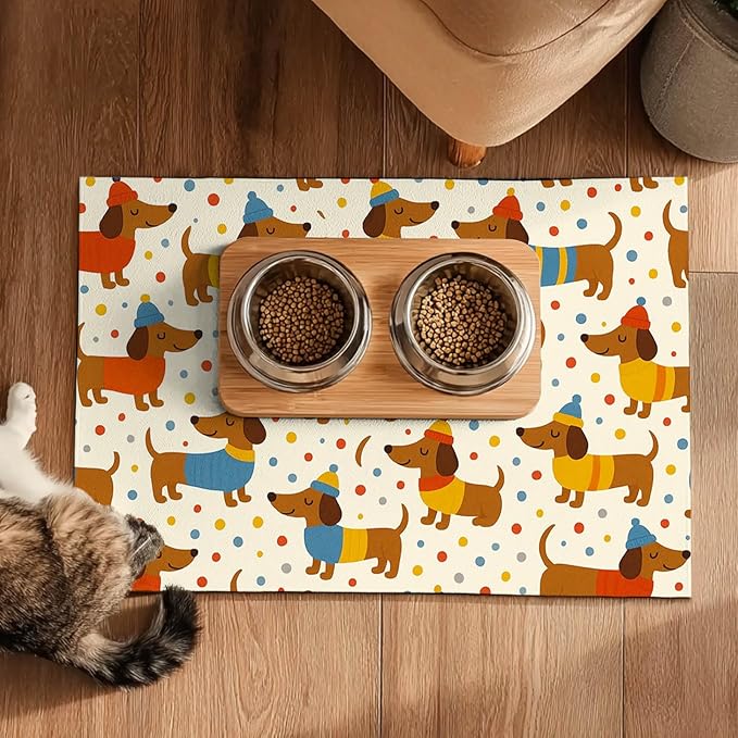 HOMETITUTE Adorable Dachshund Puppy Pet Food Mat with Colorful Polka Dot Pattern Pet Bowl Mat for Dogs and Cats Non Slip Feeding Mats Easy Clean Fast Dry Cat and Dog Feedings Mats 20" x 12"