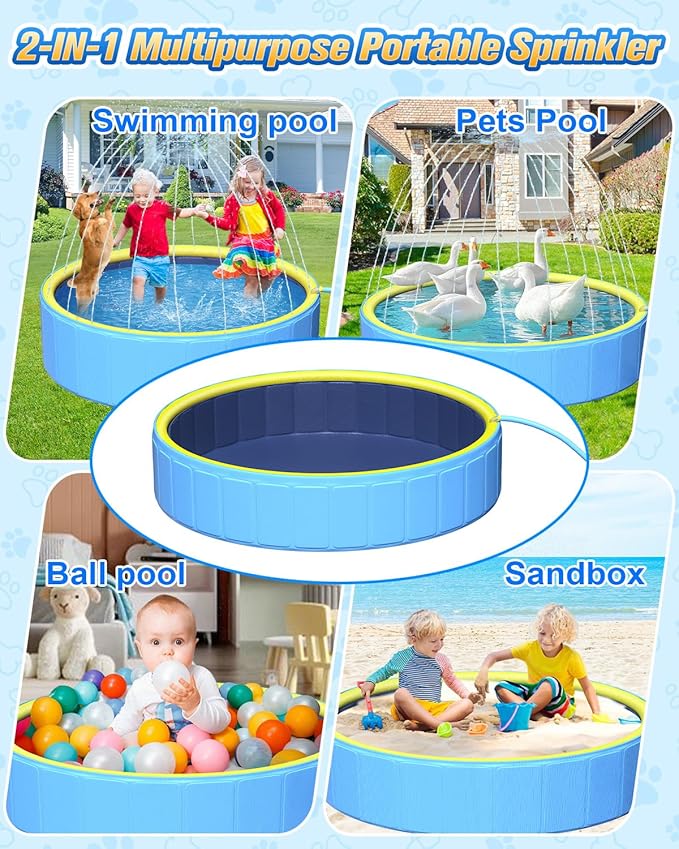 Yivsen 63in Sturdy Dog Pool with Sprinkler, 2-in-1 Non-Slip Kiddie/Kids Pool Hard Plastic, Foldable Dog Sprinkler Pools for Large Dogs, Portable Pet Swimming Pool for Summer Outdoor Backyard