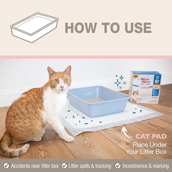 Four Paws Wee-Wee Cat Pee Pads, Disposable Litter Box Mats, Advanced Multi-Cat Odor Control, Fast Absorption Cat Box Pee Pads for Litter Tracking, 28" x 30", Unscented, 10 Count