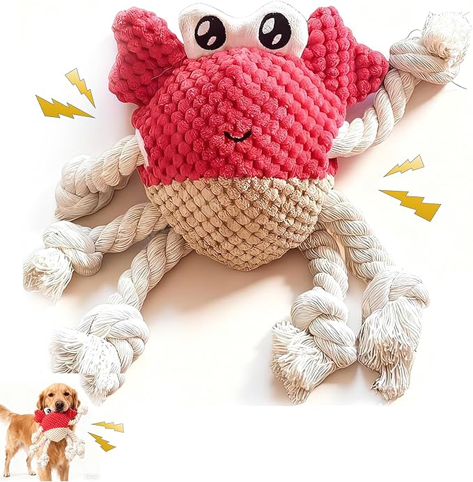 Plush Squeaky Crab Dog Toy with Rope Legs - 5.5''X9.5'' Durable Dog Chew Toy for Small Dogs | Built-in Whistle Sounds | Teeth Cleaning | Interactive Dog Toys （RED）