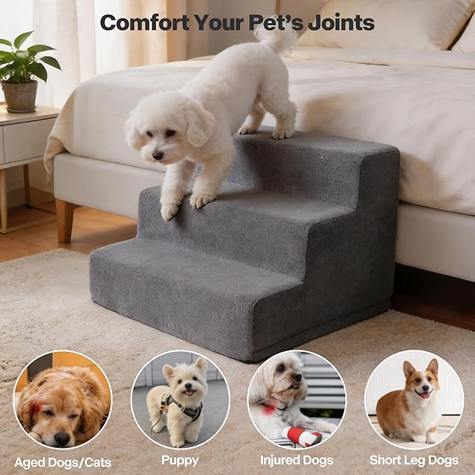 Pawise 3 Step Dog Stairs for Small Dogs Cats, Blue Suede Pet Steps, Non-Slip Pet Stairs for Couch Sofa Bed, Indoor Portable Dog Ramp with Zipper Bottom for Medium Large Dogs and Puppy