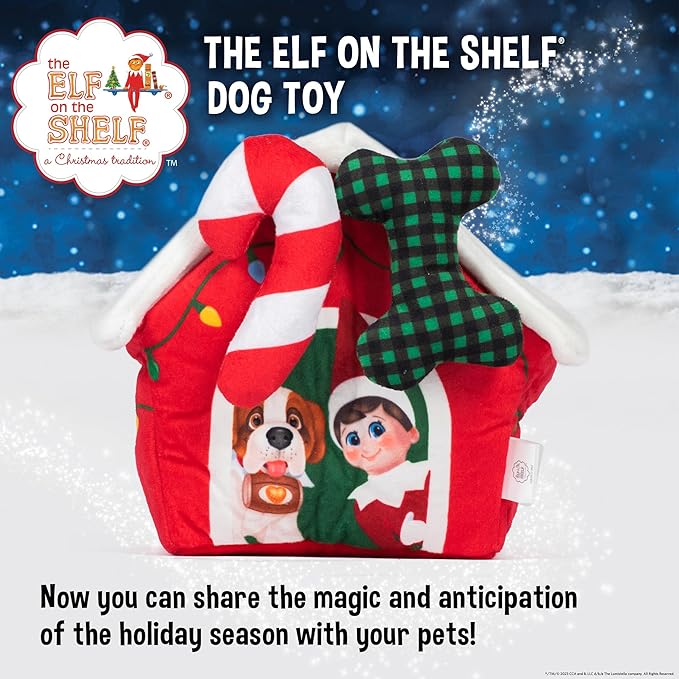 The Elf on the Shelf Doghouse Plush Burrow Toy for Pets | 7 Inch Plush Dog House with 2 Removable Plush Toys for Dogs, Bone & Candy Cane with Crinkle Texture
