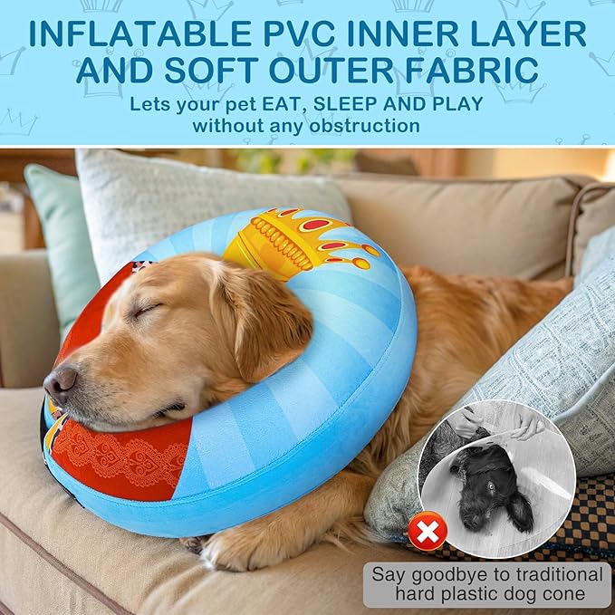 SCENEREAL Dog Cone Alternative After Surgery Donut Collar, Soft Pet Recovery Pillow Collar for Medium Large Dogs, Inflatable Adjustable Neck Collars to Prevent Licking, King Print E-Collars L