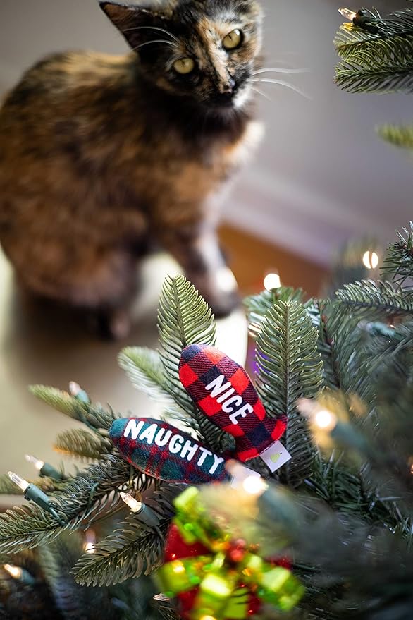 Pearhead Naughty Or Nice Christmas Cat Toy Set, Holiday Pet Owner Gift, Christmas Must Have Toy Set, Cat Teaser Toy, with Catnip Pouch, Set of 2