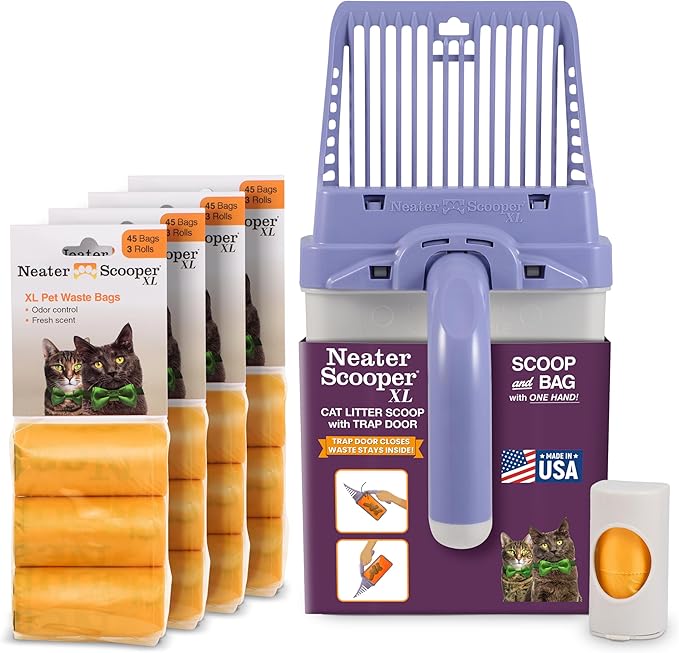 Neater Pet Brands Neater Scooper XL Cat Litter Scoop, 195 Refill Bags – Extra-Large Capacity Mess-Free Cat Litter Scooper with Bag for Large & Multiple Cats, Spill-Proof Litter Box Scooper with Holder