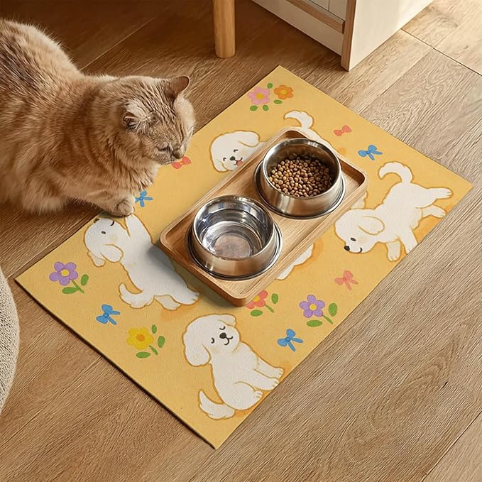 HOMETITUTE Bichon Frise Pet Food Mat Cute Spill-Proof Dog Water Bowl Mat Funning Mats for Cat Food and Water Bowls Cute Easy Clean Dog Bowl Mats Pet Placemat 20" x 12" Fast Dry Pets Feeding Pad